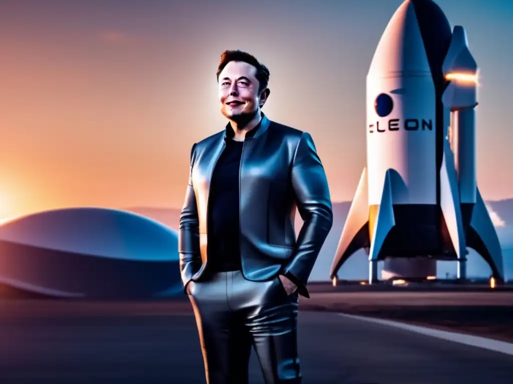 Un retrato de Elon Musk frente a un cohete de SpaceX al atardecer, mostrando su liderazgo visionario y el legado de SpaceX