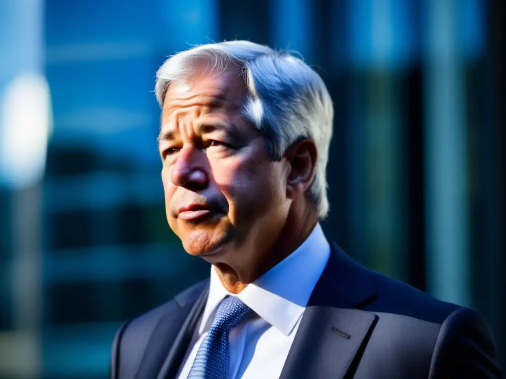 Un retrato de alta resolución de Jamie Dimon frente a un edificio de oficinas moderno y acristalado