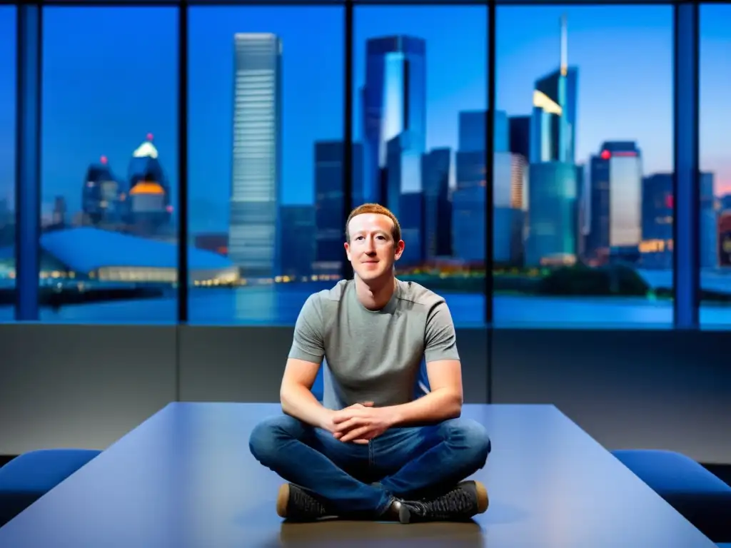 Un retrato de Mark Zuckerberg frente a una fila de banderas internacionales en una oficina moderna