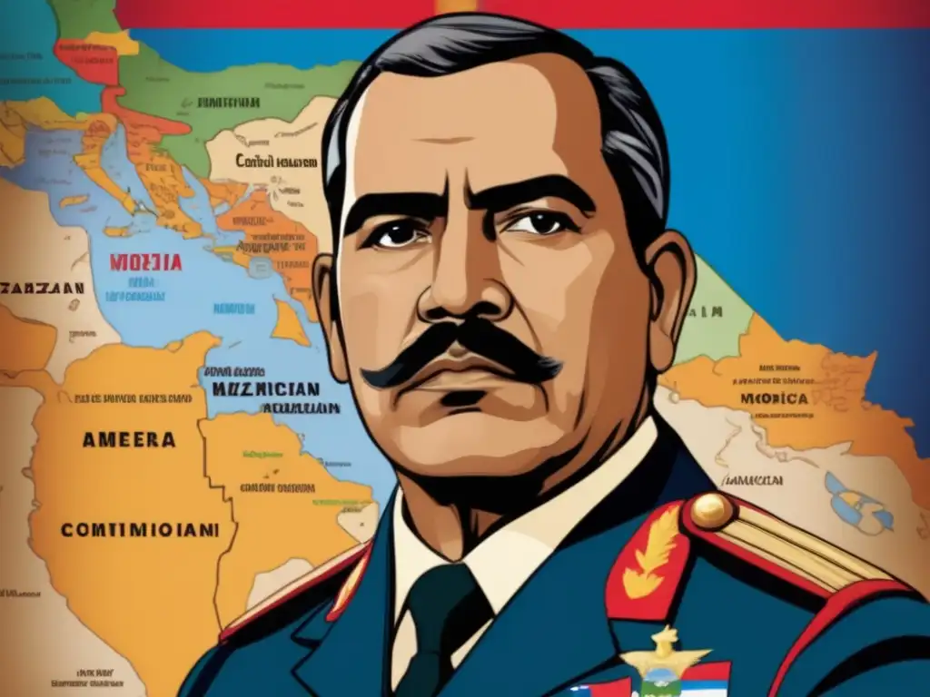 Un retrato de Francisco Morazán frente a un mapa detallado de Centroamérica, con la bandera en el fondo