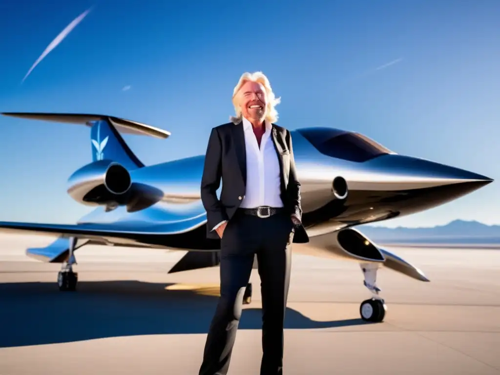 Un retrato de Richard Branson frente a una nave espacial de Virgin Galactic, irradiando confianza y ambición