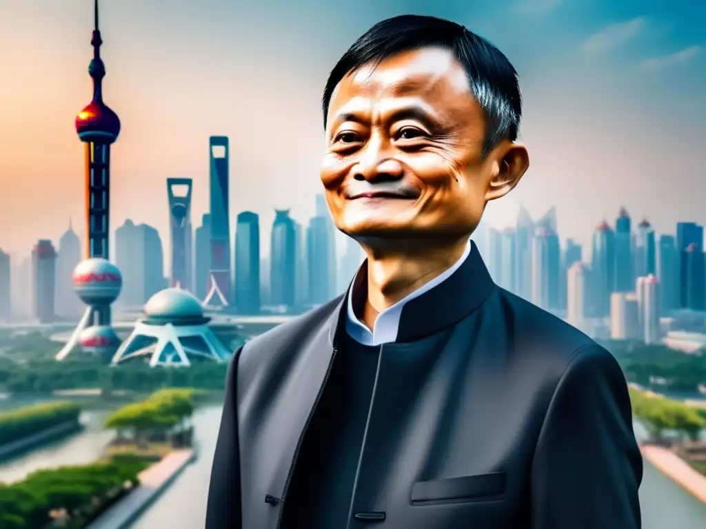 Un retrato de Jack Ma frente a la sede de Alibaba en Shanghai, reflejando sus estrategias de ecommerce
