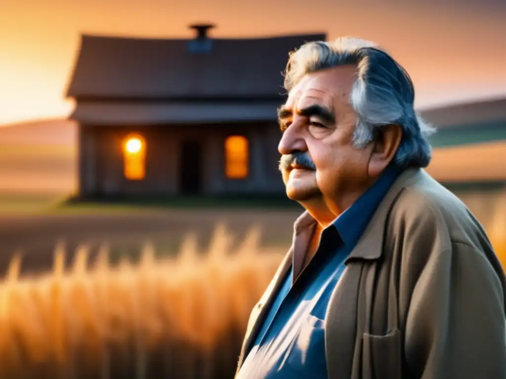 Un retrato de José Mujica frente a una granja rústica al atardecer, transmitiendo humildad y sabiduría