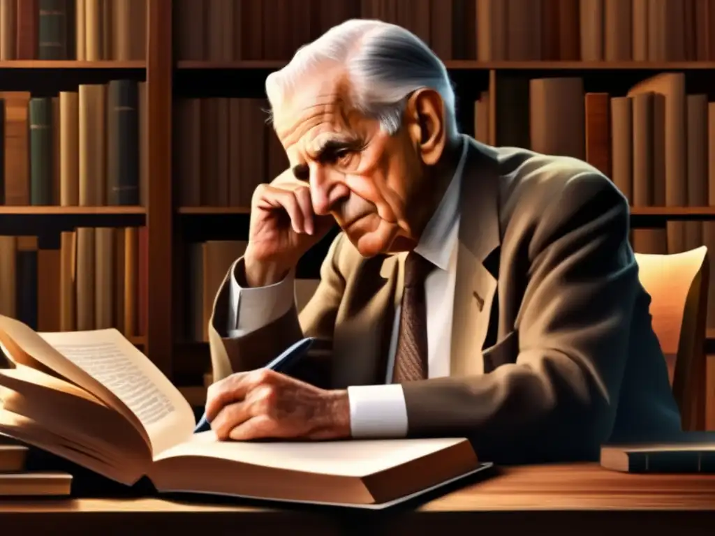 Un retrato hiperrealista de Sir Karl Popper inmerso en su entorno filosófico, rodeado de libros y papeles