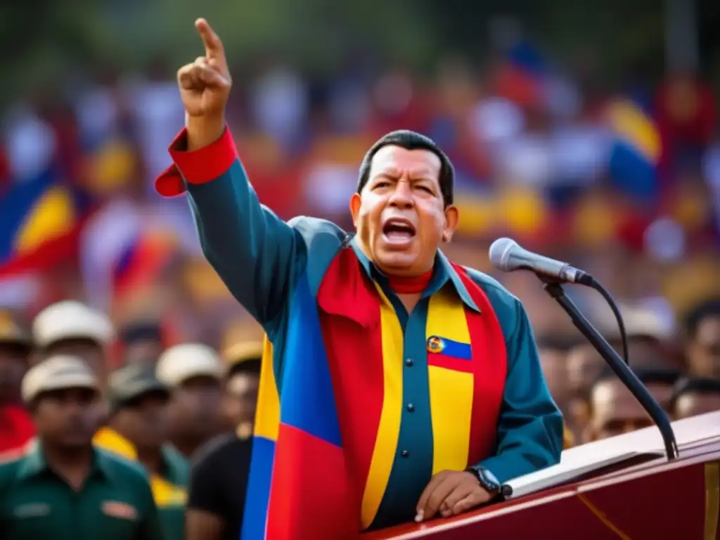 Un retrato impactante de Hugo Chávez dando un apasionado discurso ante una multitud, con la bandera venezolana ondeando al fondo