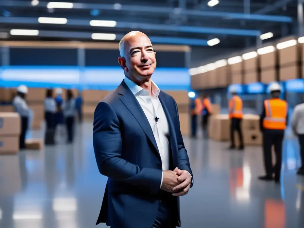 Un retrato impactante de Jeff Bezos liderando la innovación en un centro de cumplimiento futurista de Amazon