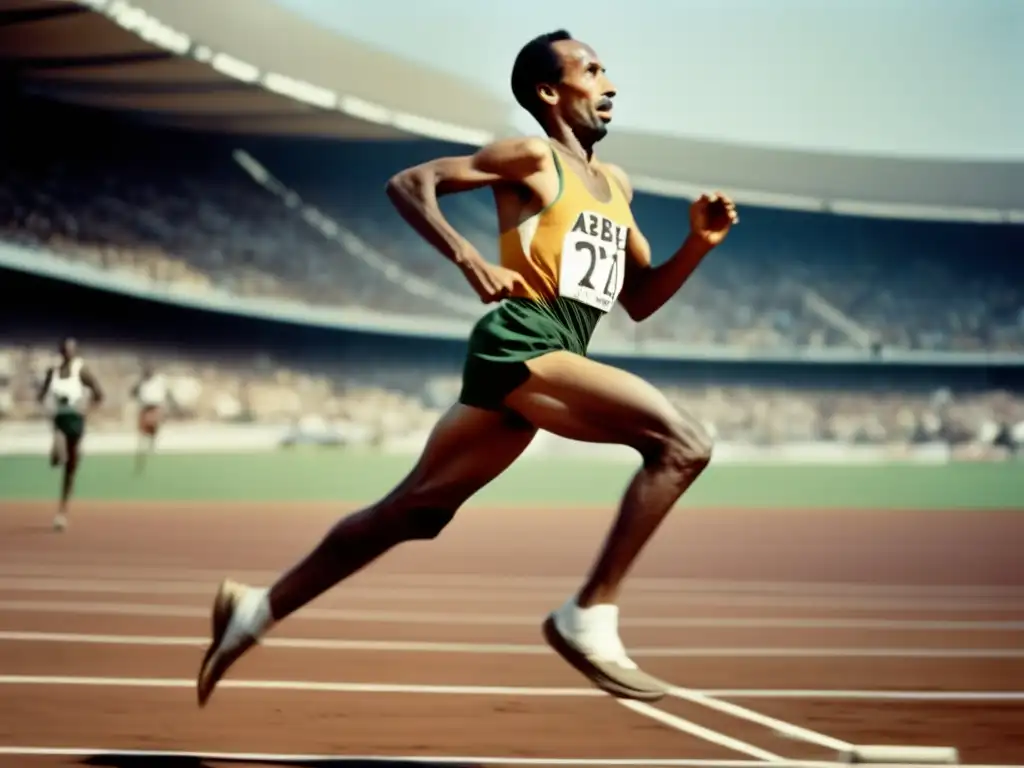 Un retrato impactante de Abebe Bikila corriendo descalzo en una pista, mostrando su determinación y fuerza