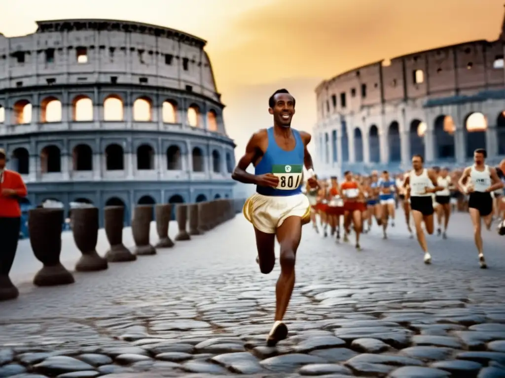 Un retrato impactante de Abebe Bikila corriendo descalzo en la maratón olímpica de 1960 en Roma, con el Coliseo de fondo