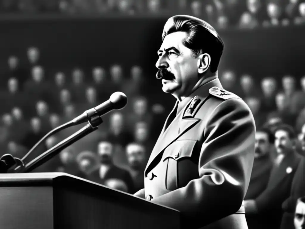 Un retrato impactante en blanco y negro de Joseph Stalin hablando ante una multitud con expresión seria y determinada, destacando su autoridad