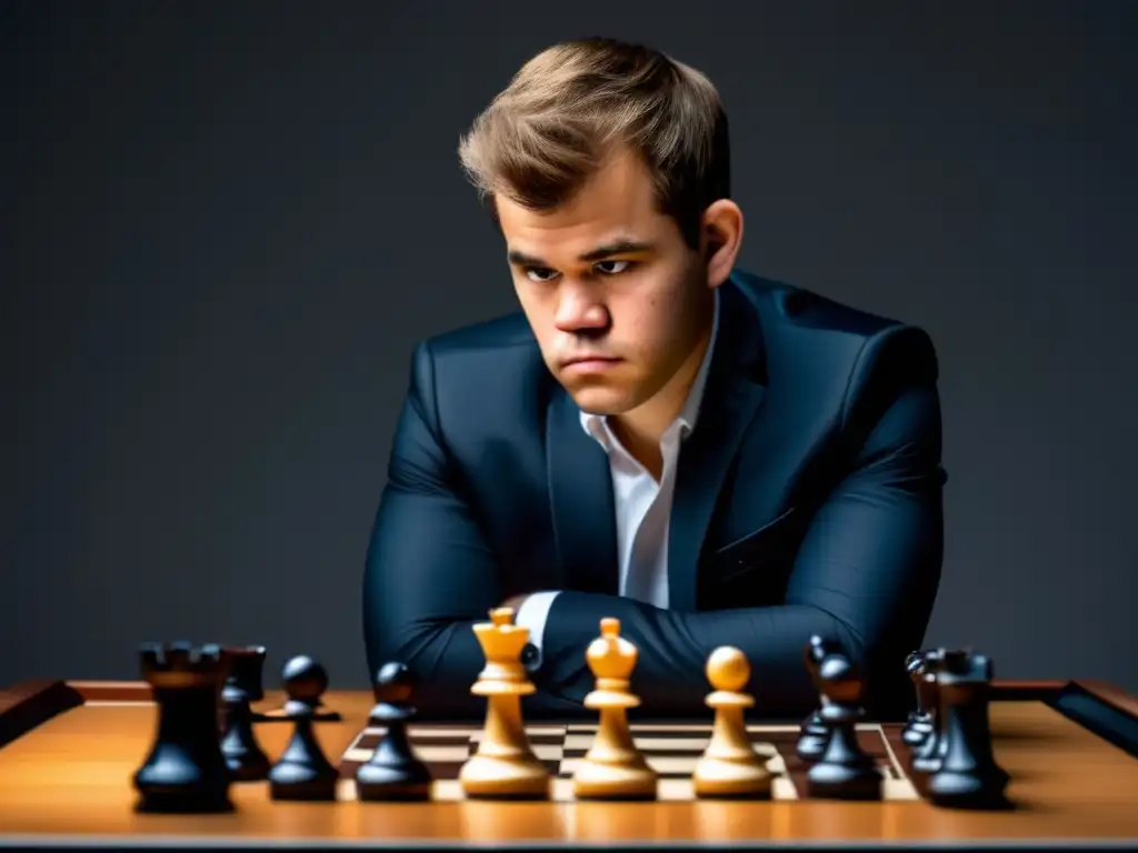 Un retrato impactante de Magnus Carlsen concentrado en su próximo movimiento en un tablero de ajedrez