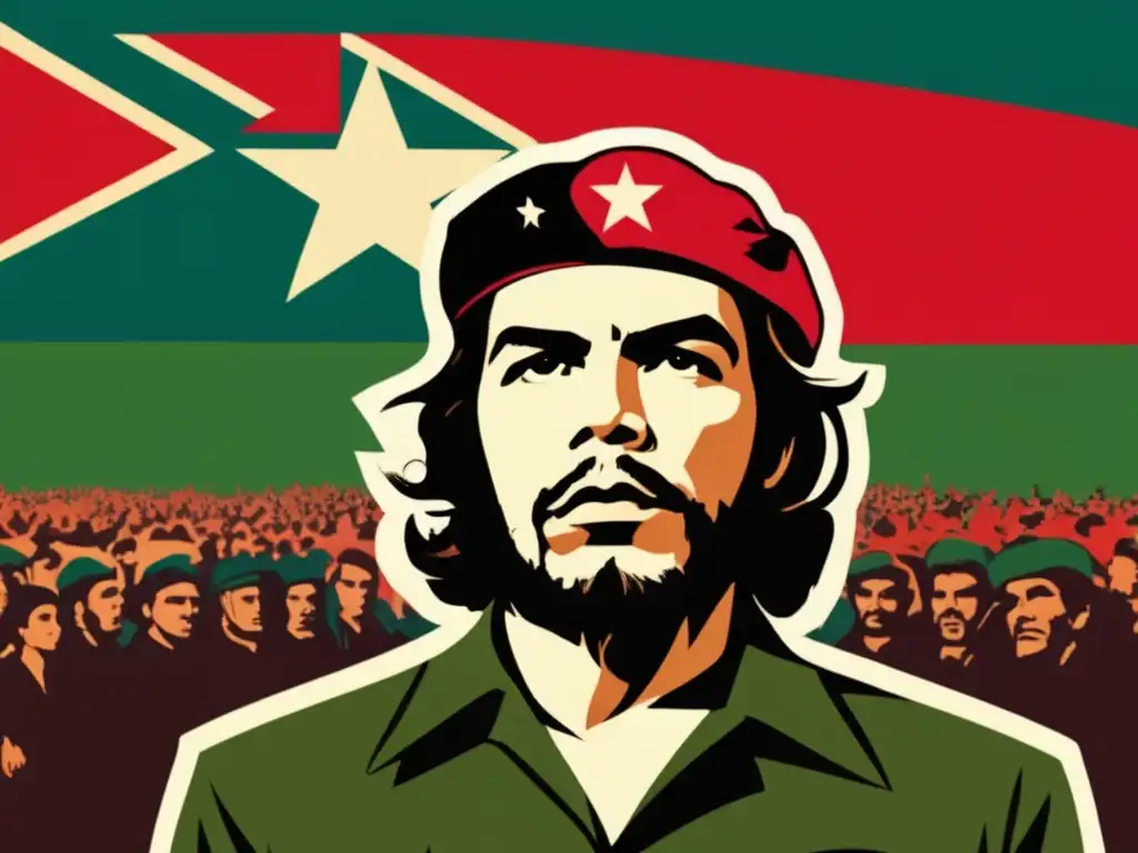 Un retrato impactante de Che Guevara durante la Crisis de Misiles en Cuba, con un fondo que refleja la intensidad de la situación
