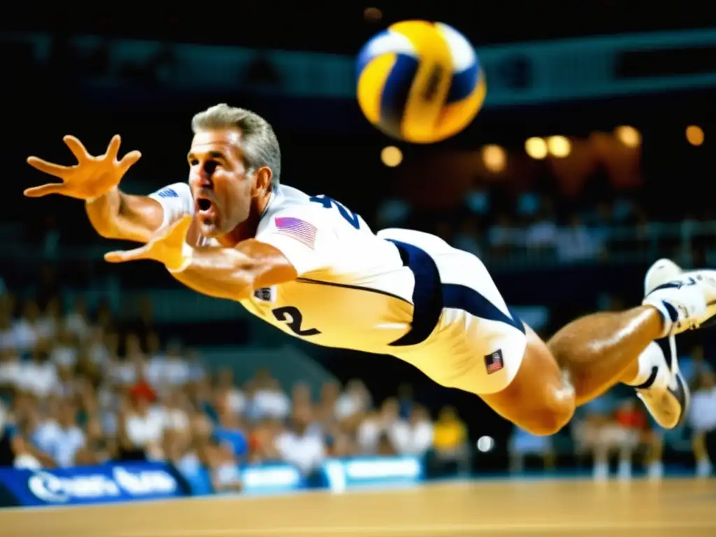 Un retrato impactante de Karch Kiraly mostrando su destreza en el voleibol, con intensidad en su rostro y cuerpo mientras se extiende hacia la pelota