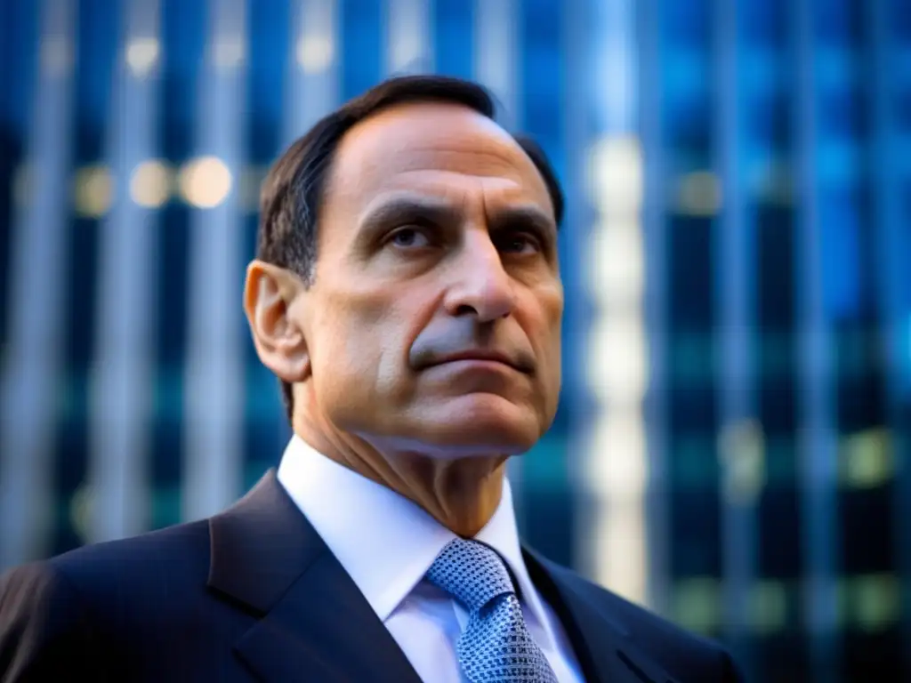 Un retrato impactante de Richard Fuld frente al edificio de Lehman Brothers, exudando determinación y poder