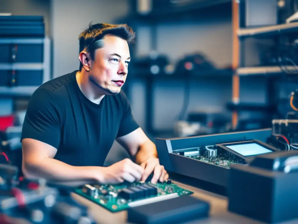 Un retrato impactante de Elon Musk trabajando en su garaje, rodeado de tecnología futurista y herramientas de ingeniería