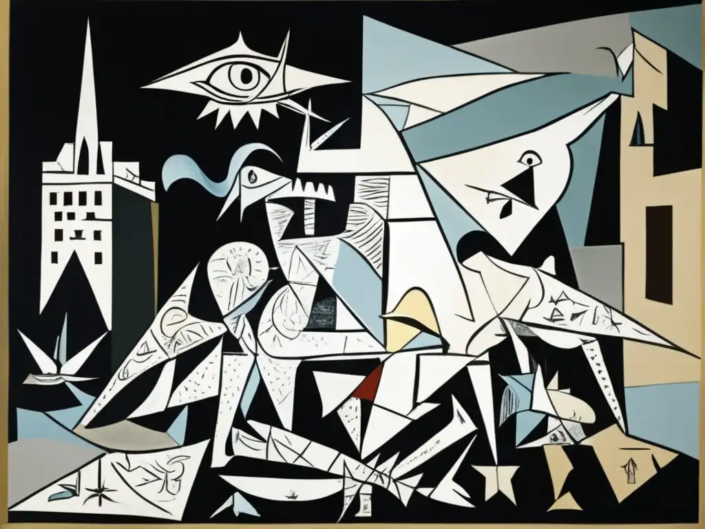 Un retrato impactante de la icónica pintura 'Guernica' de Pablo Picasso, una poderosa protesta política a través de la imaginería y simbolismo