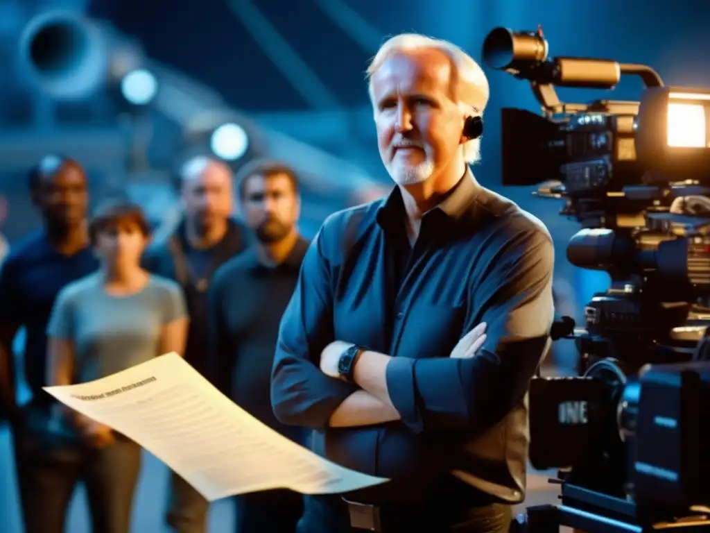 Un retrato impactante de James Cameron dirigiendo una de sus icónicas películas, rodeado de cámaras, luces y equipo de filmación