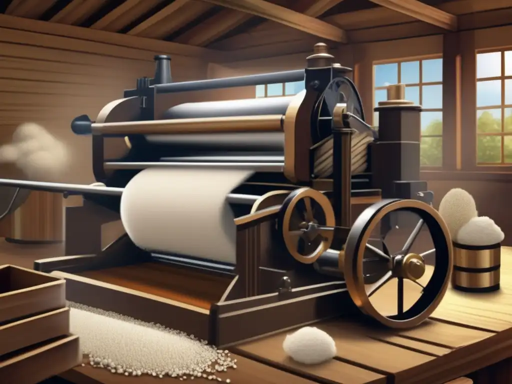 Un retrato impactante de la moderna máquina de algodón de Eli Whitney en pleno funcionamiento, destacando su impacto en la transformación económica