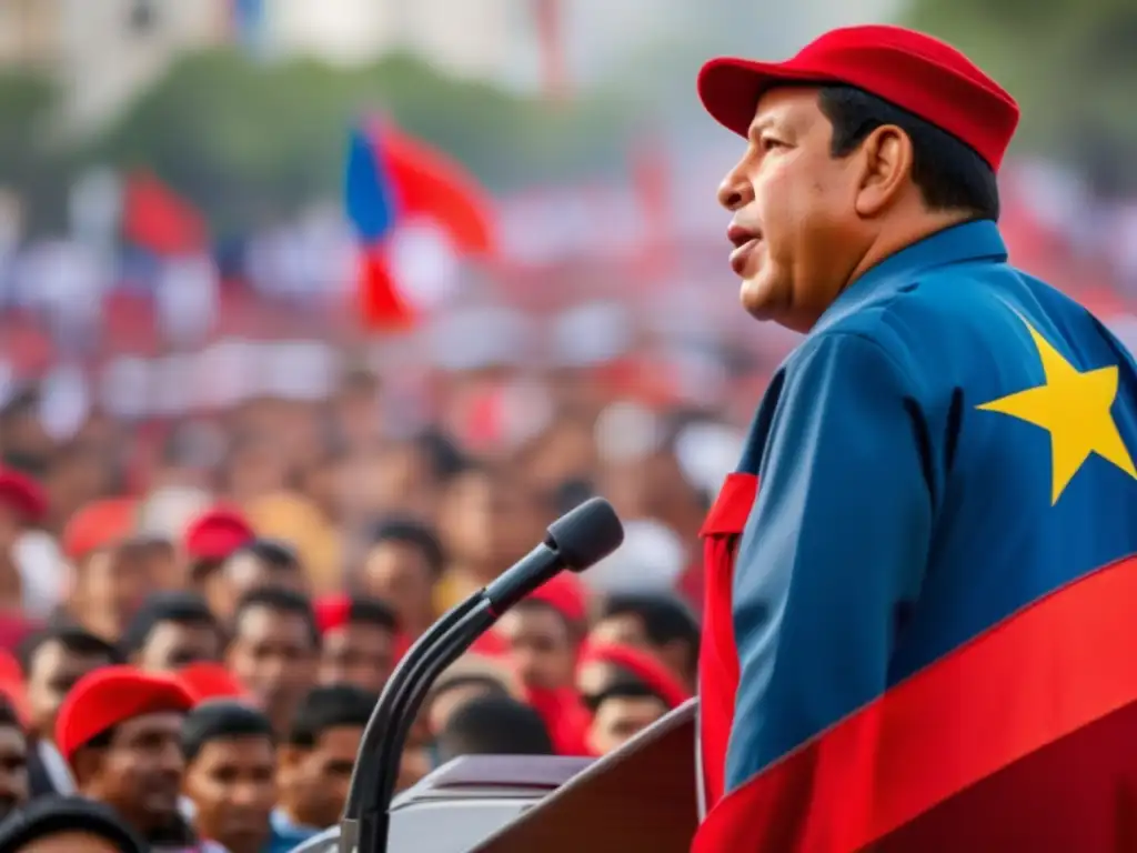 Un retrato impactante de Hugo Chávez liderando a una multitud en una plaza vibrante en Venezuela