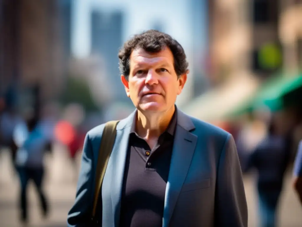 Un retrato impactante del periodista Nicholas Kristof en una bulliciosa calle urbana, mostrando determinación en su rostro