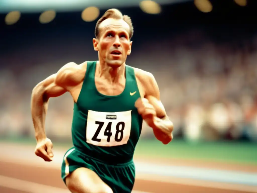 Un retrato impactante de Emil Zátopek corriendo en una pista, mostrando su determinación y pasión en el atletismo