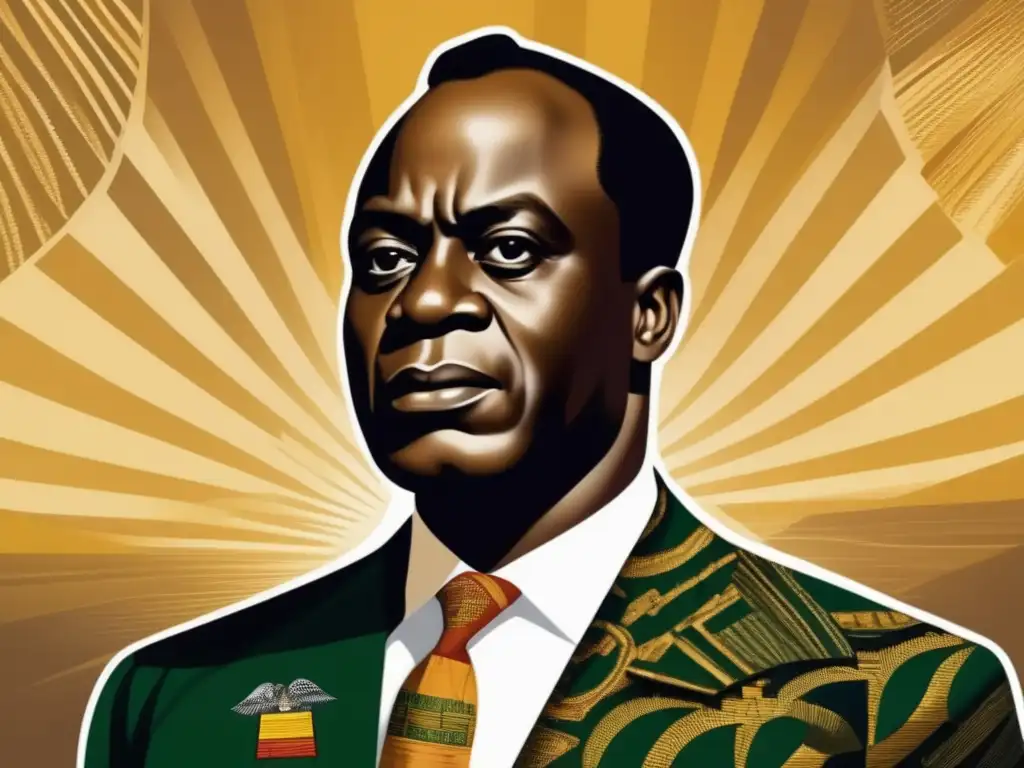 El retrato imponente de Kwame Nkrumah irradia liderazgo y determinación, con un enfoque resuelto y detallados patrones en su atuendo tradicional