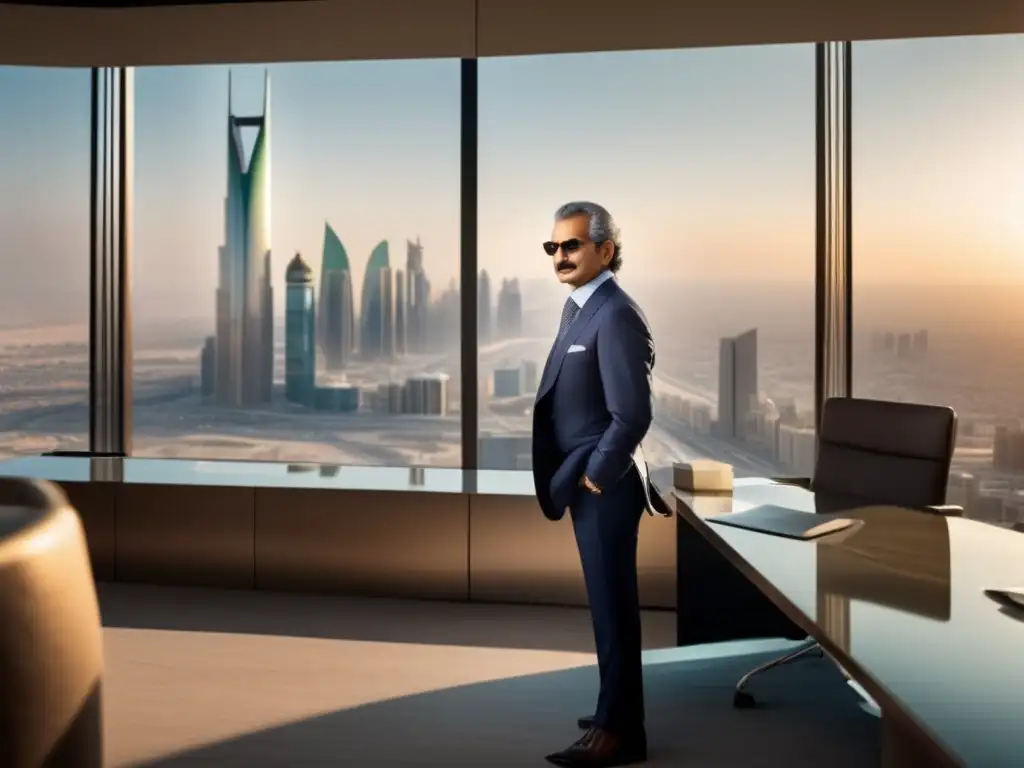 Un retrato impresionante de Alwaleed bin Talal en una oficina moderna en Riyadh