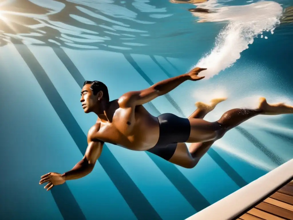 Un retrato impresionante de Duke Kahanamoku nadando con gracia en una piscina cristalina, irradiando poder y determinación