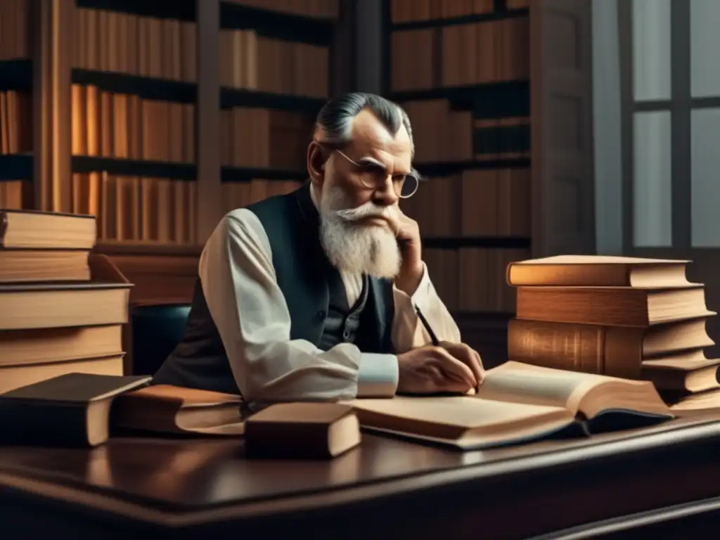 Un retrato impresionante en 8k de Leo Tolstoy en su escritorio, rodeado de libros y papeles, con una expresión pensativa