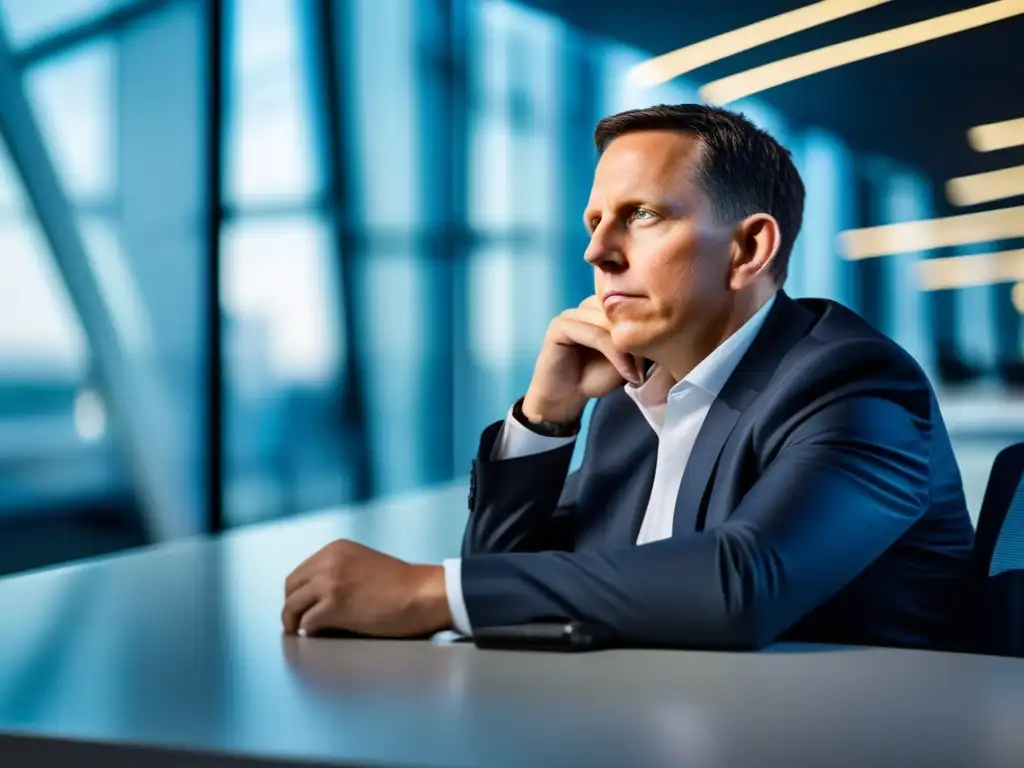 Un retrato de Peter Thiel inmerso en un espacio de oficina moderno y futurista, proyectando innovación y enfoque estratégico