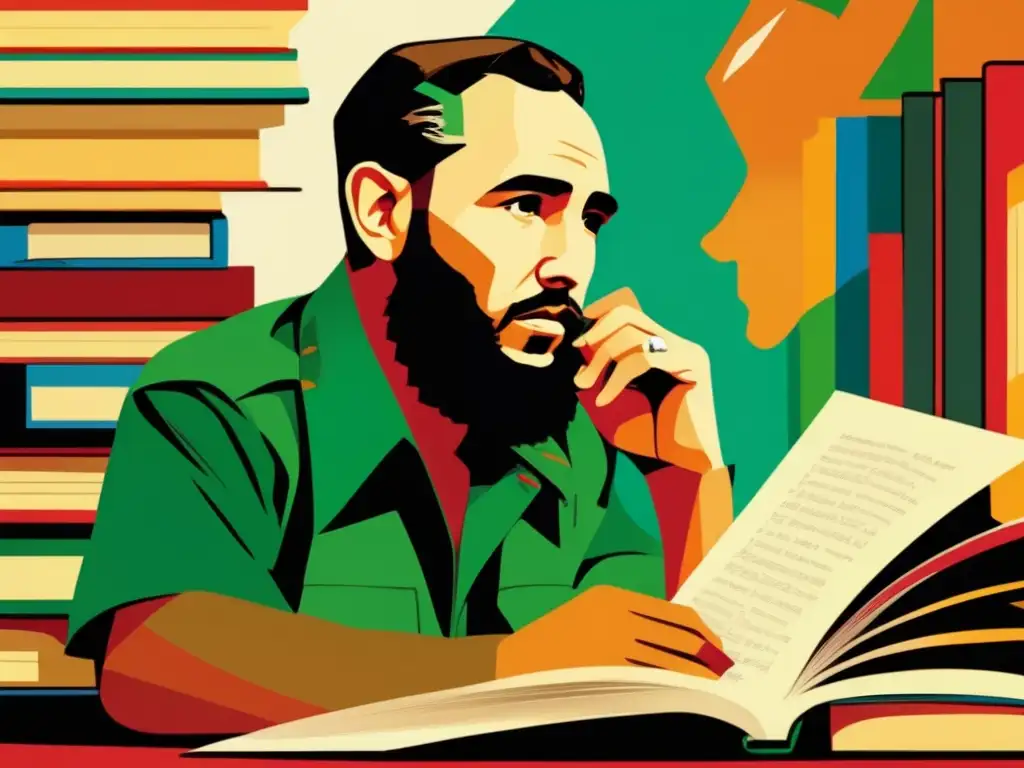 Retrato de Fidel Castro inmerso en estrategias revolucionarias en la Guerra Fría, rodeado de libros y mapas