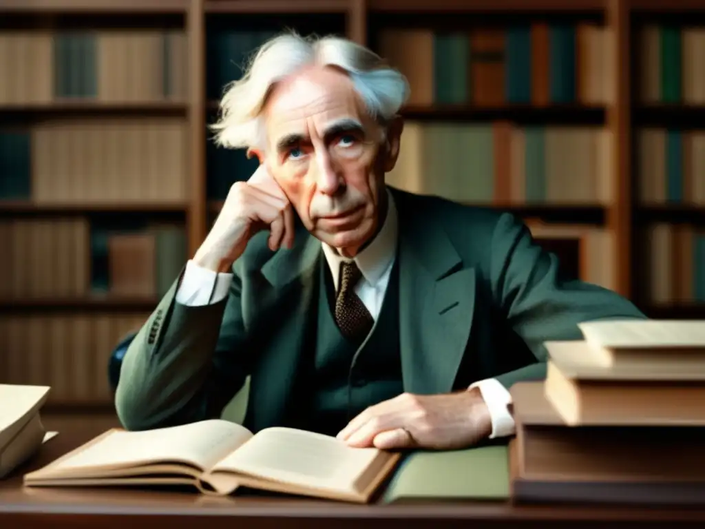 Un retrato de Bertrand Russell inmerso en la lógica matemática y filosofía, rodeado de libros y papeles, reflejando su intensa concentración