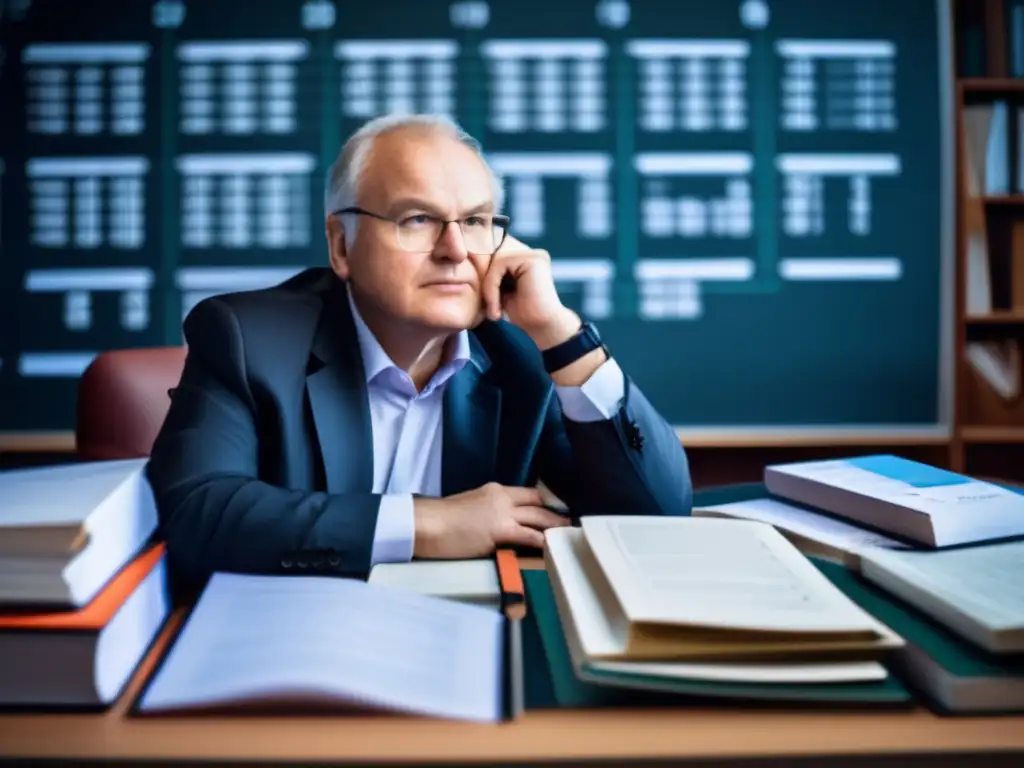 Un retrato de Reinhard Selten inmerso en sus pensamientos, rodeado de libros y papeles de teoría económica