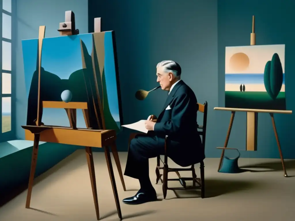 Un retrato en alta resolución de René Magritte inmerso en su proceso creativo rodeado de sus icónicas pinturas surrealistas