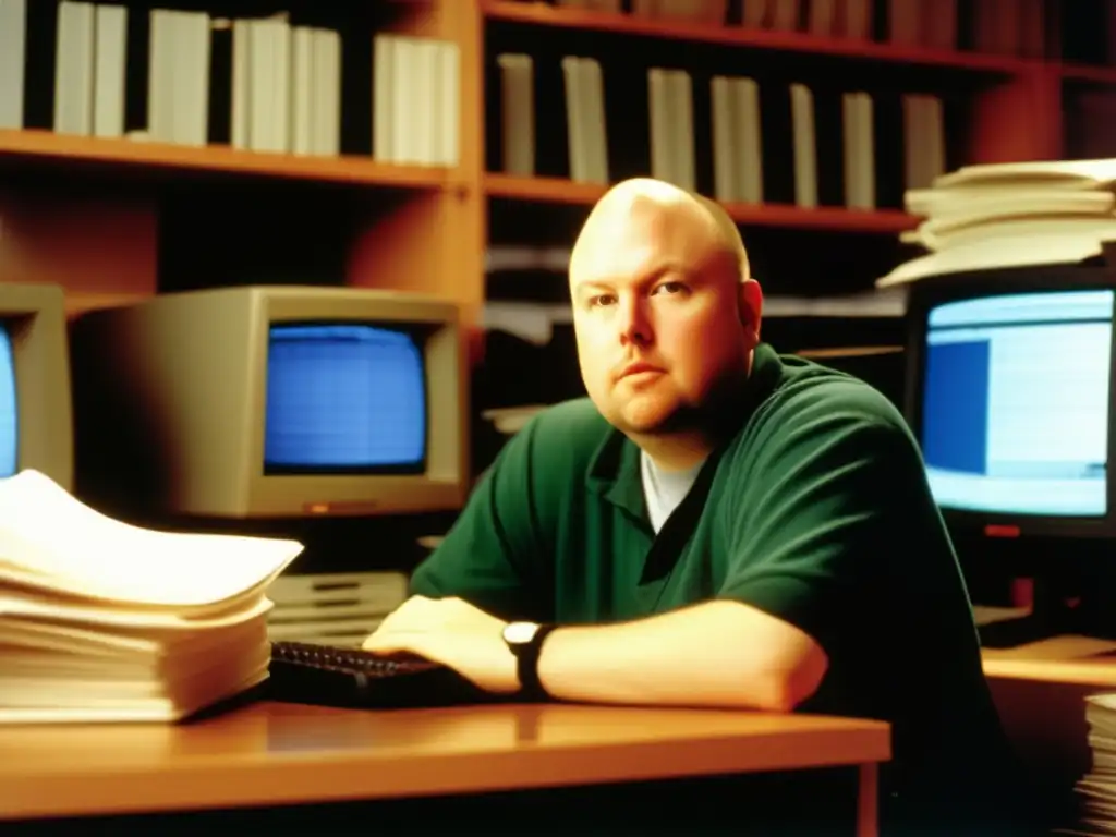 Un retrato de Marc Andreessen inmerso en su trabajo en los primeros días de Netscape Communications, rodeado de tecnología de los años 90