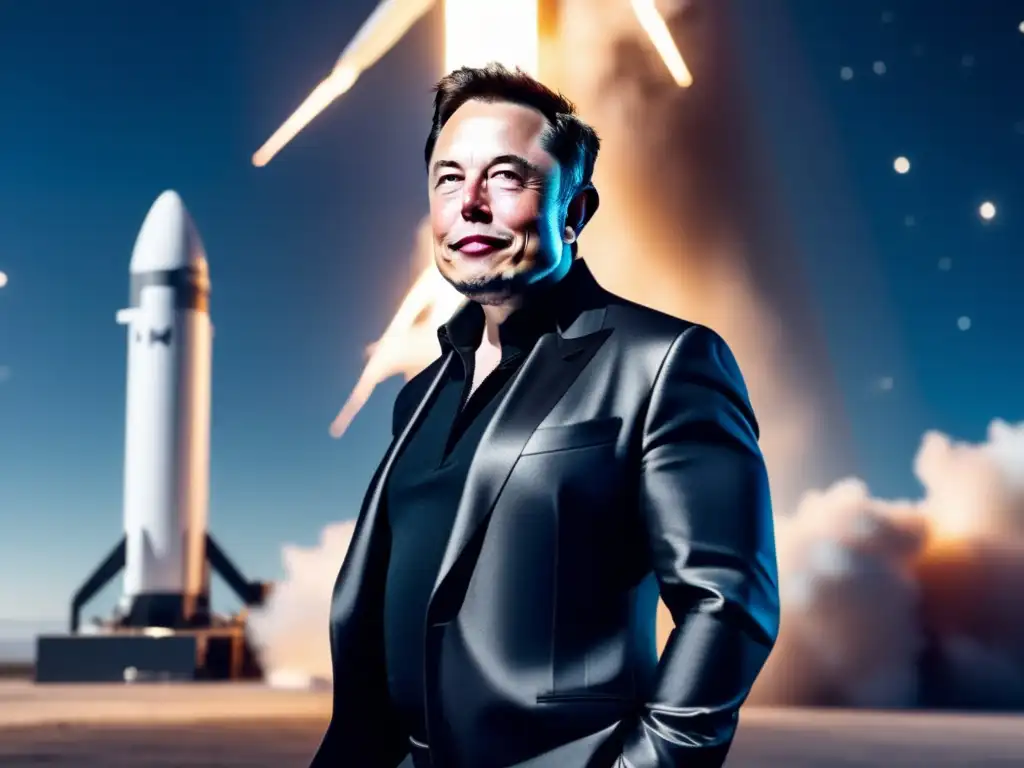 Un retrato de Elon Musk, líder innovador, de pie frente a un cohete SpaceX, con determinación