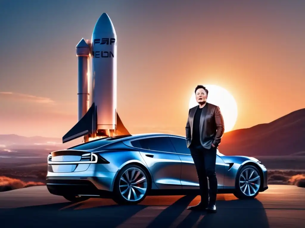 Un retrato inspirador de Elon Musk frente a un cohete SpaceX, con el sol poniéndose detrás de él