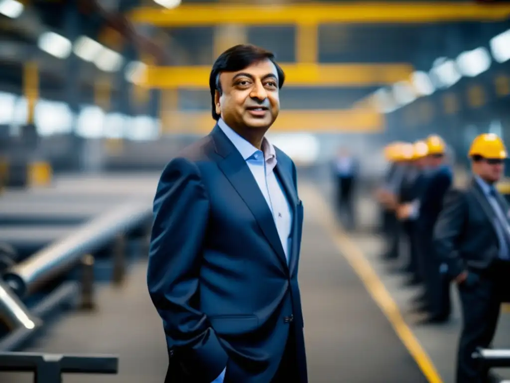 Un retrato inspirador de Lakshmi Mittal en su moderna planta de acero, rodeado de tecnología punta y un equipo de trabajadores