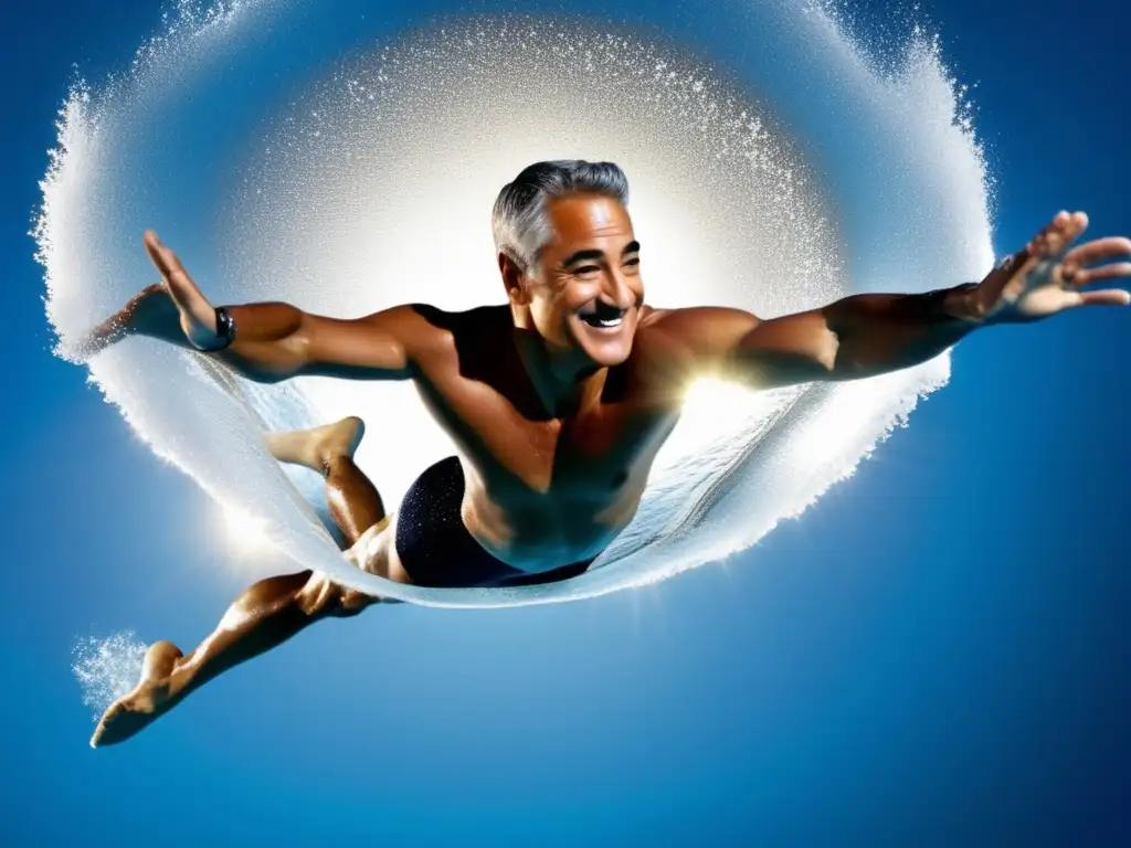 Un retrato inspirador de Greg Louganis en pleno salto de clavado, capturando su gracia y fuerza