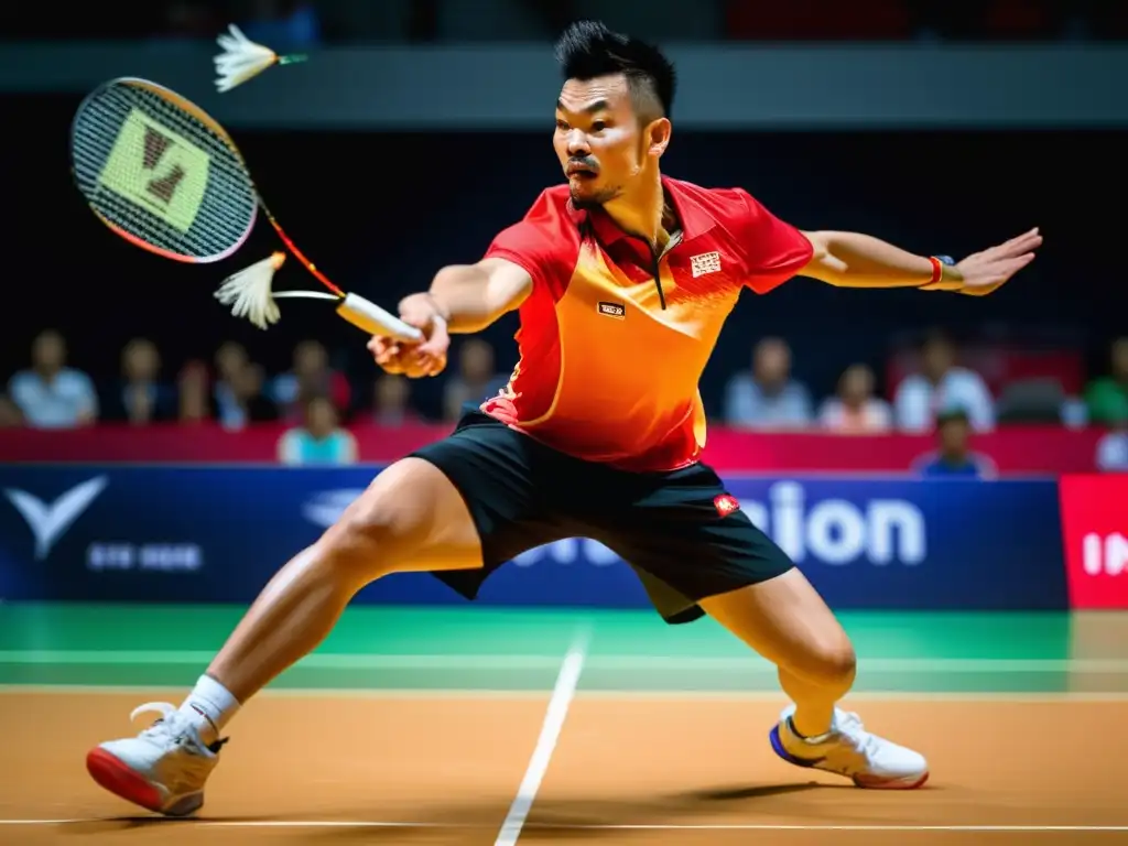 Un retrato de alta resolución de Lin Dan, mostrando su intensa concentración y precisión en el juego de bádminton, con el shuttlecock congelado en movimiento