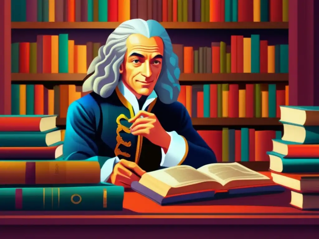 Un retrato de Voltaire joven, inmerso en profundos pensamientos rodeado de libros y pergamino