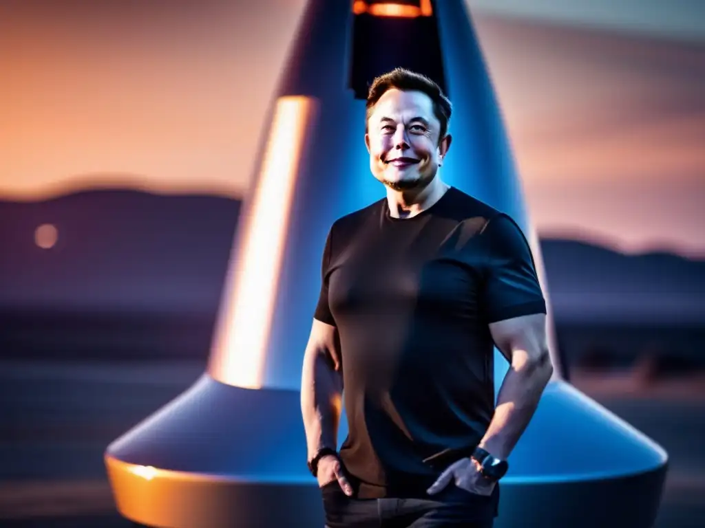 Un retrato de Elon Musk junto a un cohete de SpaceX, con el sol poniente bañando la escena en una cálida luz