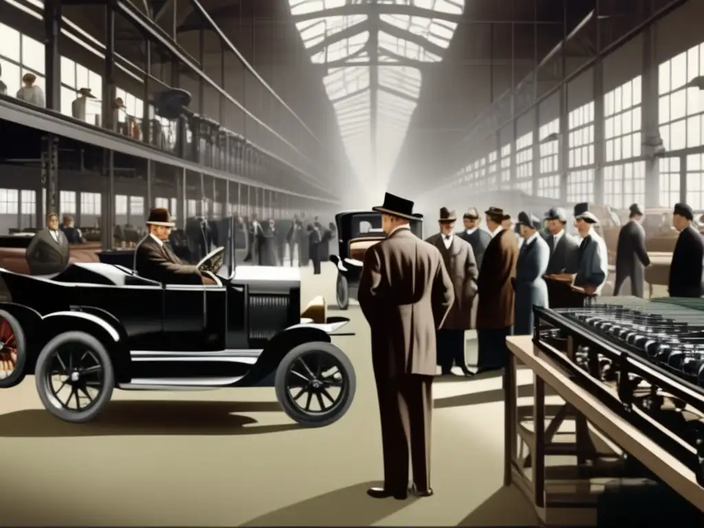 Un retrato de alta resolución de Henry Ford junto a la primera cadena de montaje en movimiento, destacando la revolución en la industria automotriz