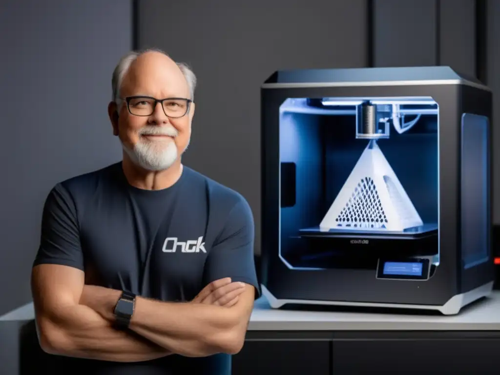 Un retrato en 8k de Chuck Hull junto a una revolucionaria impresora 3D, con detalles intrincados y estética futurista