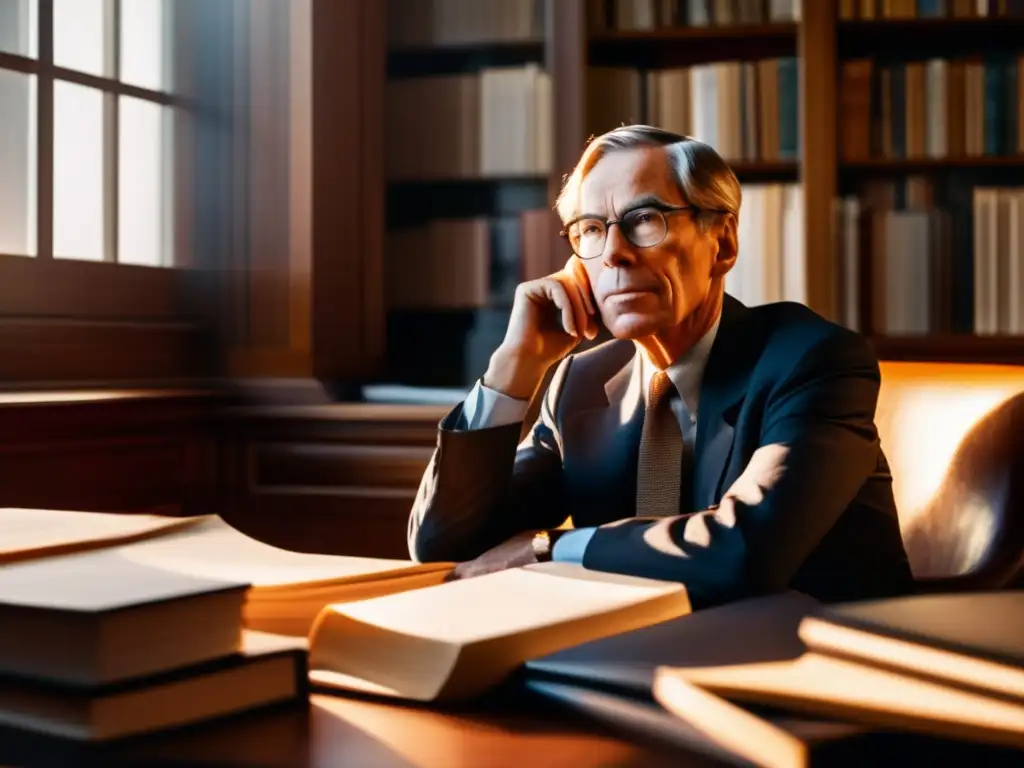 Retrato de John Rawls reflexionando sobre la teoría de justicia y equidad, rodeado de libros y papeles, bañado por la cálida luz del sol