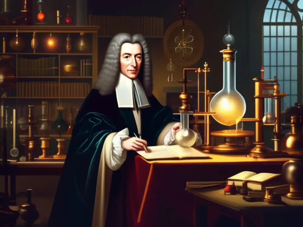 Un retrato de Robert Boyle en su laboratorio, rodeado de instrumentos científicos, realizando experimentos con dedicación y enfoque