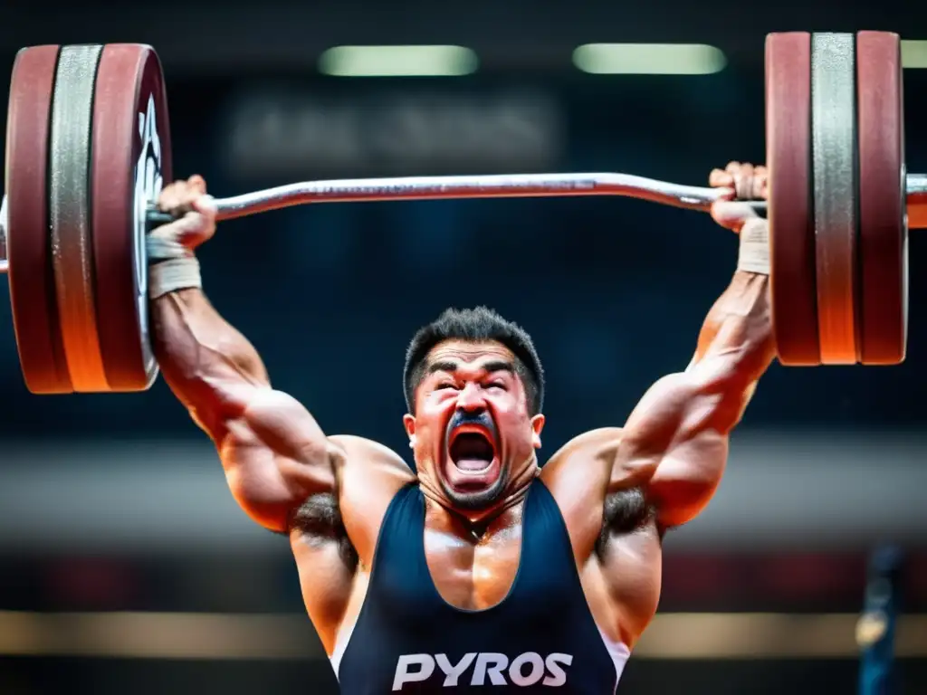 Un retrato legendario de Pyrros Dimas en competencia de halterofilia, mostrando su fuerza y determinación
