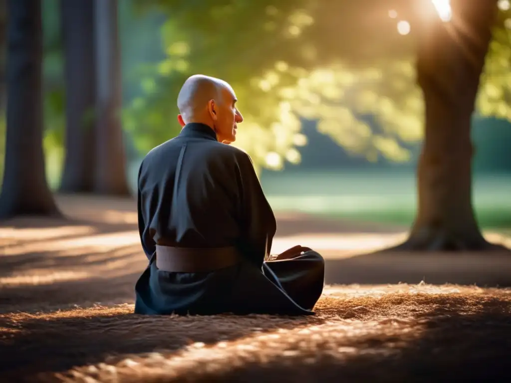 Inspiradora imagen de Thomas Merton en meditación pacífica Un retrato de Thomas Merton en meditación, con luz cálida entre los árboles