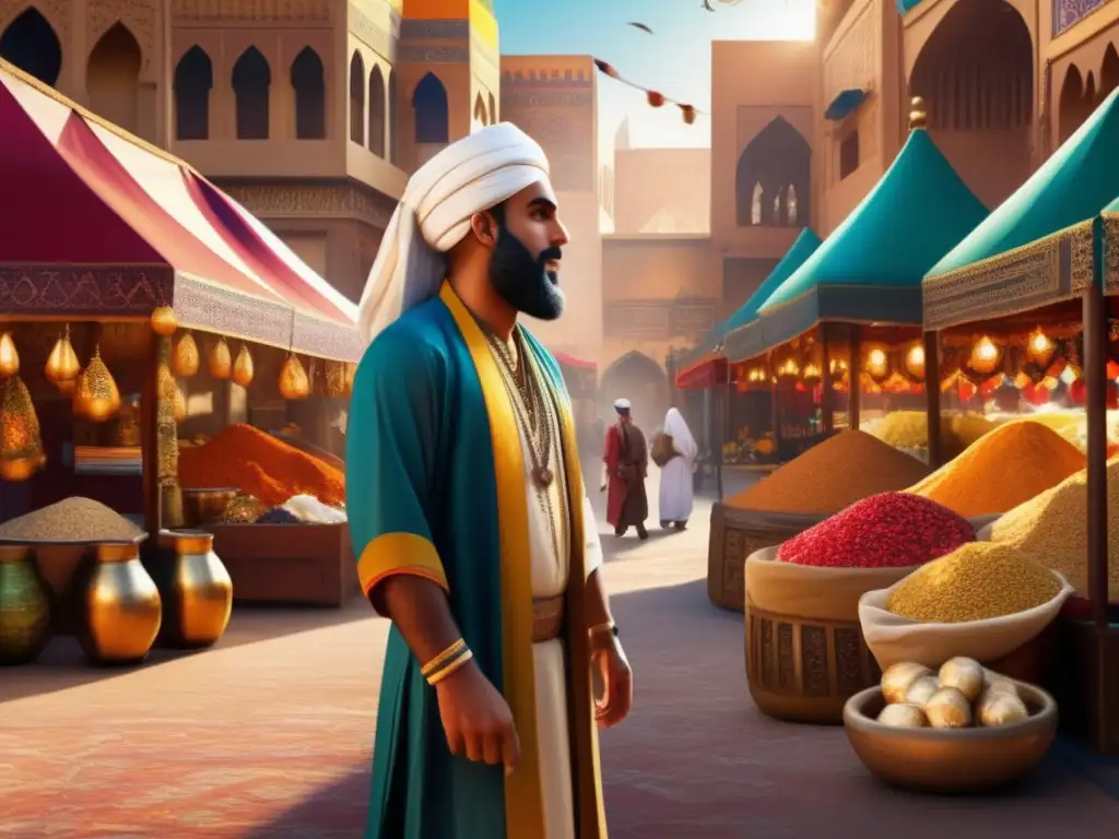 Un retrato de Ibn Battuta en un mercado del Medio Oriente, rodeado de textiles y especias