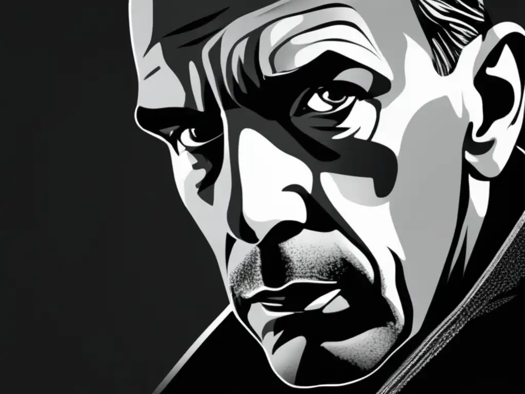 Un retrato moderno en blanco y negro de Ingmar Bergman, capturando su intensa introspección y angustia humana