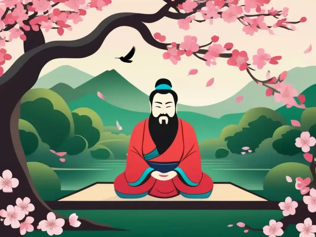 Un retrato moderno de Confucio en serena contemplación, rodeado de exuberante vegetación y florecientes cerezos